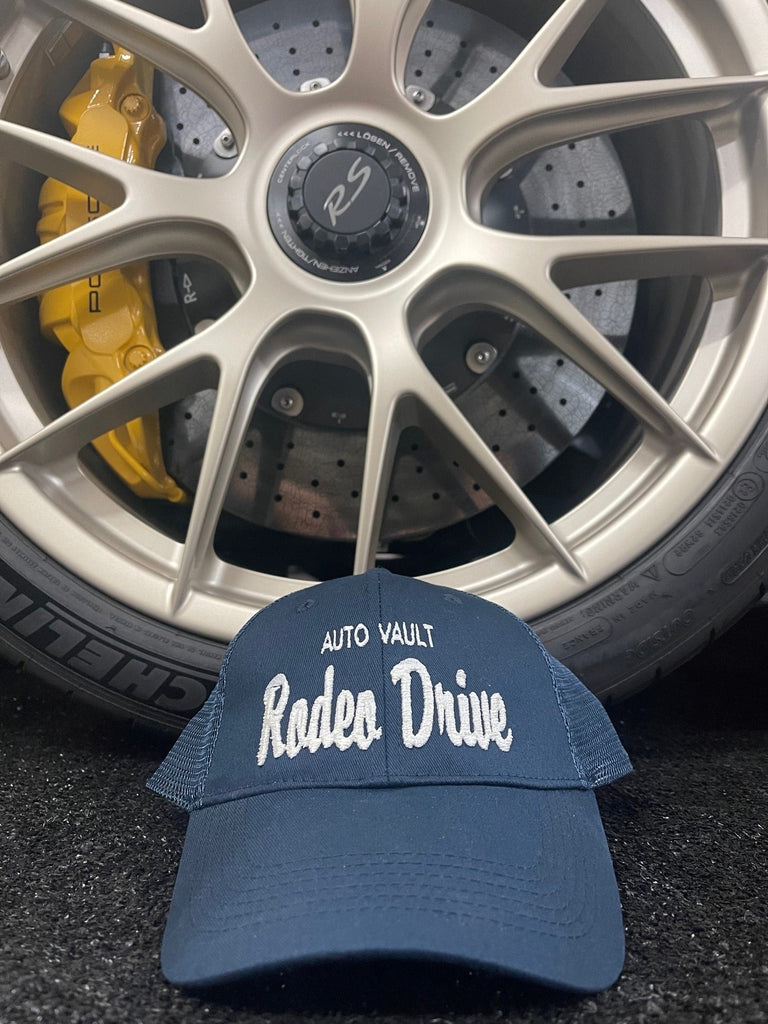 Navy Auto Vault Rodeo Drive Trucker Hat with White Embroidery